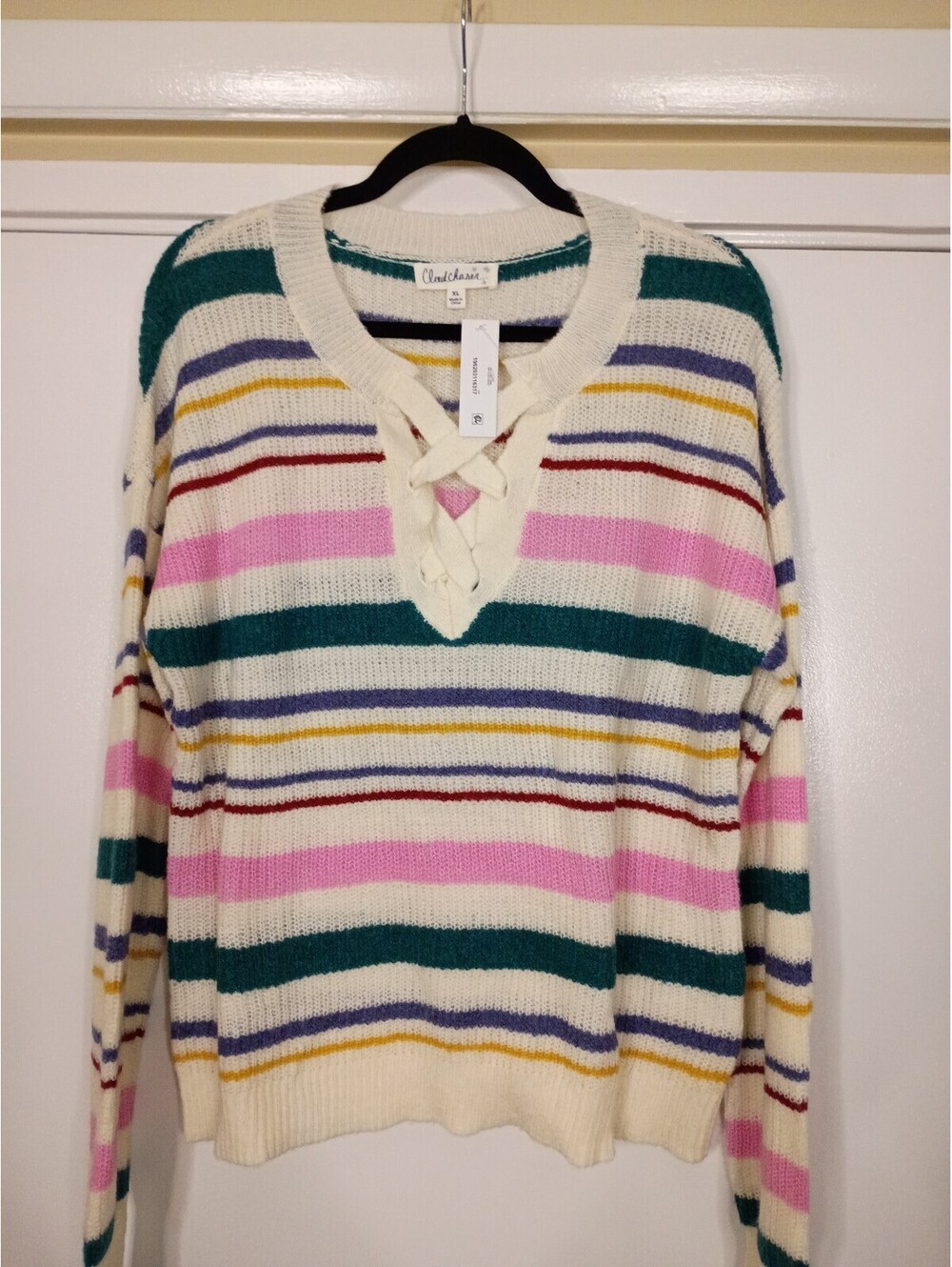 Cream Multicolor Striped Lace Up Sweater XL Cloud Chaser NWT